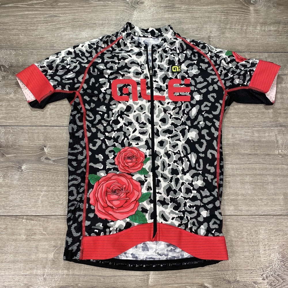 Ale Cycling Jersey Womens Large Black‎ White Leopard Rose PRR Short Sleeve Italy